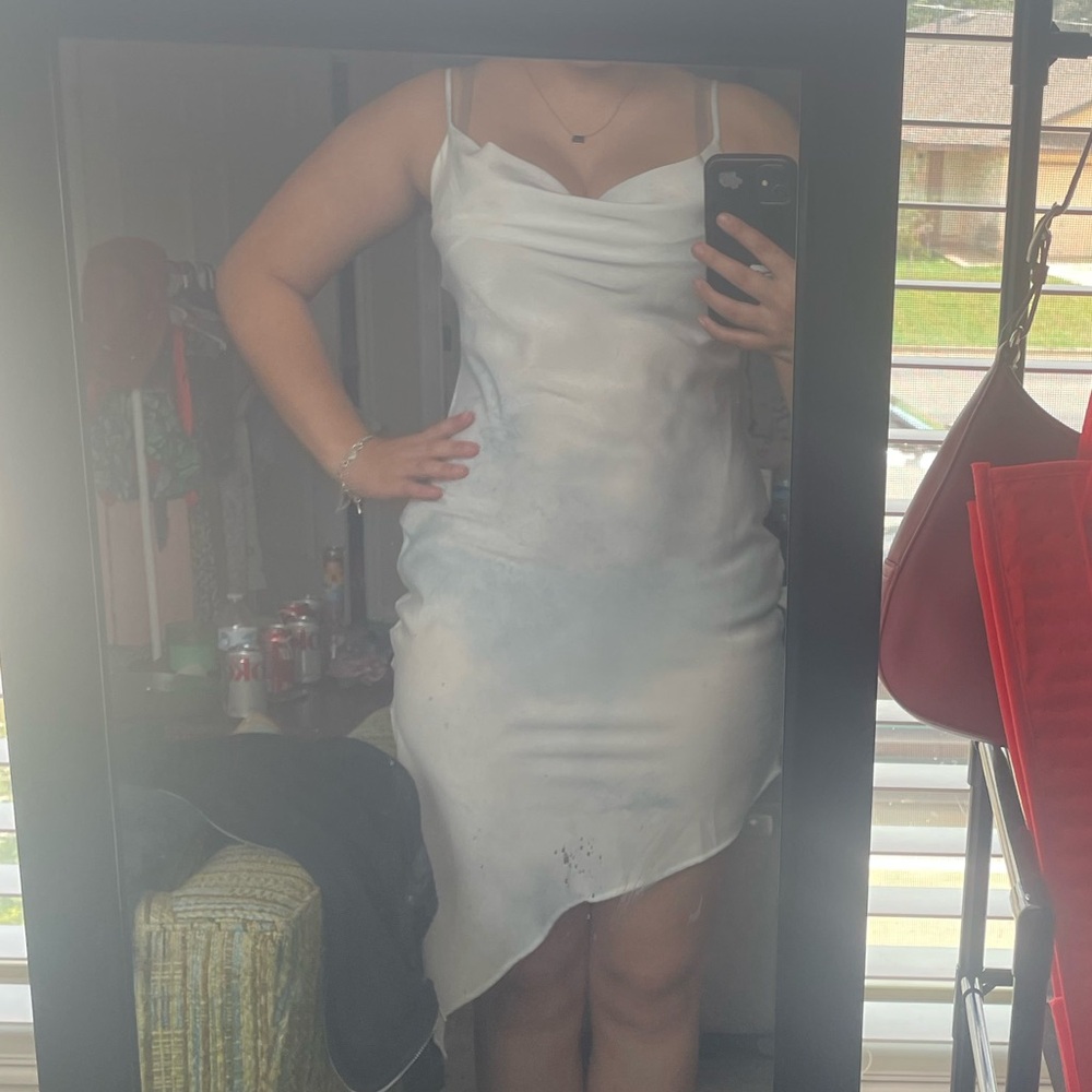 Forever 21 Satin White and Blue Asymmetrical Dress - Size S